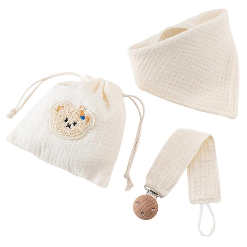 3pcs Organic Cotton Infant Bandana Bib And Pacifier Holder Combo Includes Washable Storage Pouch Baby Shower Gift Set