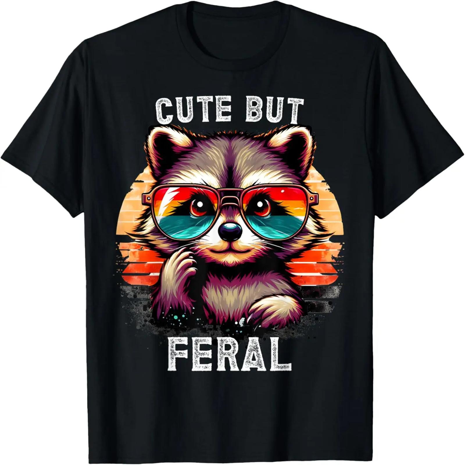 Cute But Feral Raccoon Vintage Colorful Raccoon Sunglasses T-Shirt S