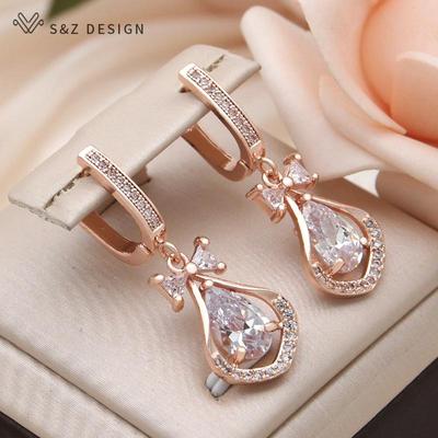 Fashion Water Drop Cubic Zirconia Bowknot Dangle Earrings For Women Wedding Rose Gold Color Jewelry Gift