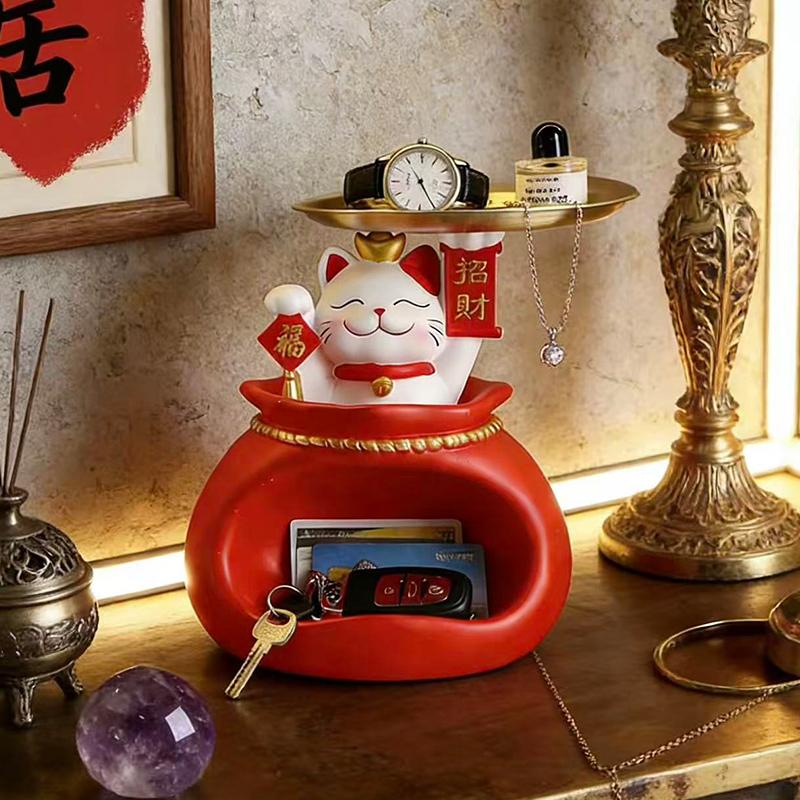 Creative Lucky Cat Storage Tray Decoration Cute Kitten Storage Box Home Office Desktop Decoration Ornament Gift for Friends