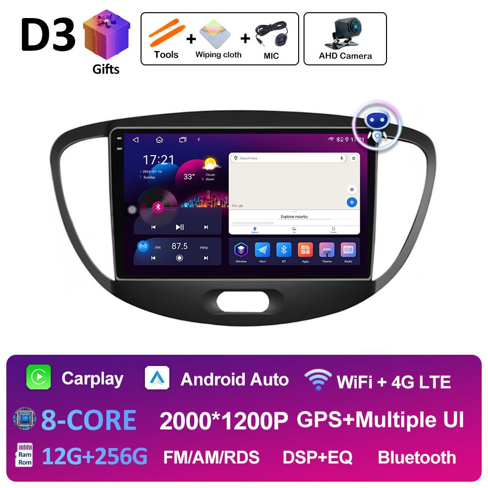 For Hyundai I10 2007 2008 2009 2010 - 2013 Android 14 Wireless Carplay GPS Navigation QLED IPS Screen Bluetooth WIFI Accessories
