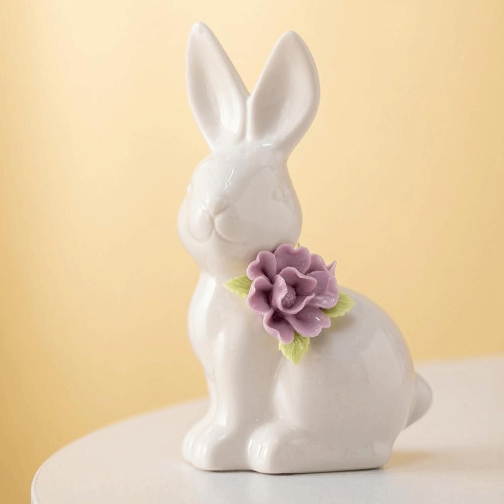 Cute Ceramic Bunny Figurines Mini Flower Design Bunny Statue Desk Ornament Garden Yard