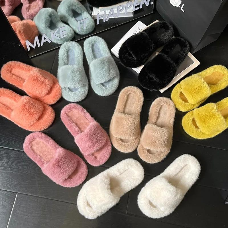 Pantoufles en fourrure épaisse à la mode, pantoufles en fourrure double, chaussures décontractées en coton pour la maison, pantoufles plates en peluche à bretelles croisées pour femmes