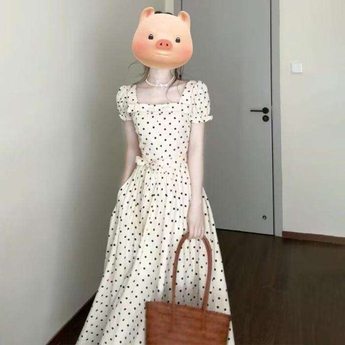 

French temperament high-end bubble sleeve dress women s summer new square collar polka dot waist dress 2XL