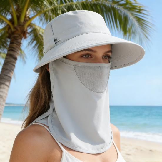 Sun Hat Detachable Face Guard Shawl 3-in-1 Oversized Sun Protection Hat with Anti-UV Fabric Breathable Ponytail Hole Outdoor