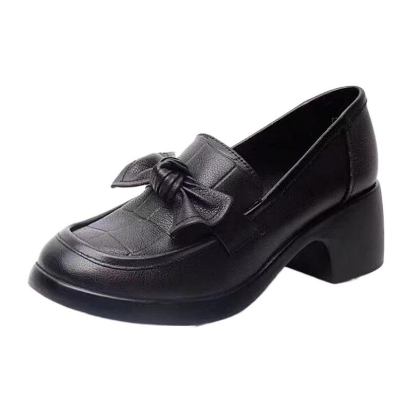 Soft Leather Single Shoes Women's Tide Spring and Autumn New One-pedal Thick Heel Round Head Bow Casual