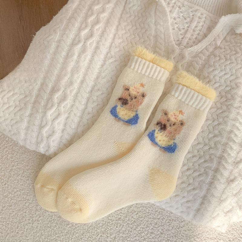Super Thick Wool Socks, Double Flared Women's Autumn and Winter Thickened Mid-calf Socks, Warm Long Socks, Cartoon Long Calf