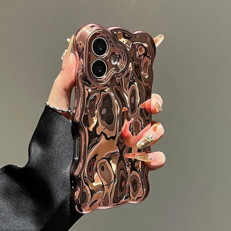 3D Glossy Wrinkle Plating Wave Border Phone Case for iPhone 17 Pro 16 15 Pro Max Plus 11 12 13 14 Meteorite Pattern Soft Cover