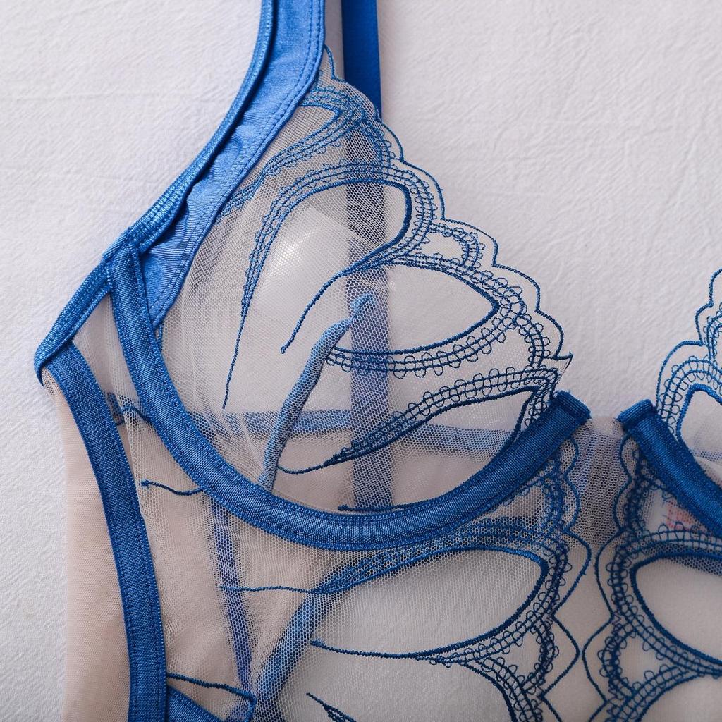 Women's Sexy V-Neck Bodysuit Embroidered Mesh Panel Shapewear Bodysuit Blue Underwire Push-Up Bodysuit