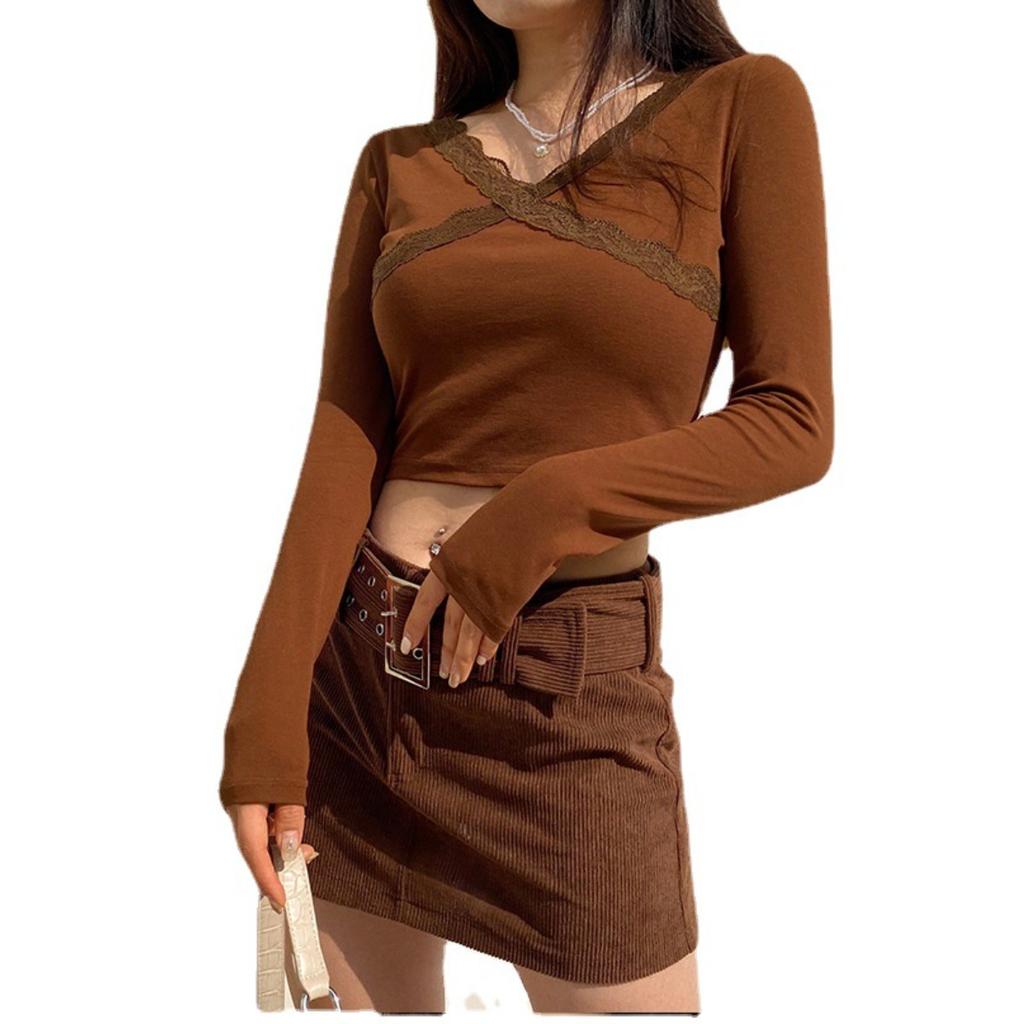 Women's Lace Ribbed Knit Long Sleeve T-shirt, Solid Color Bodycon Cropped Top, Streetwear Fashion