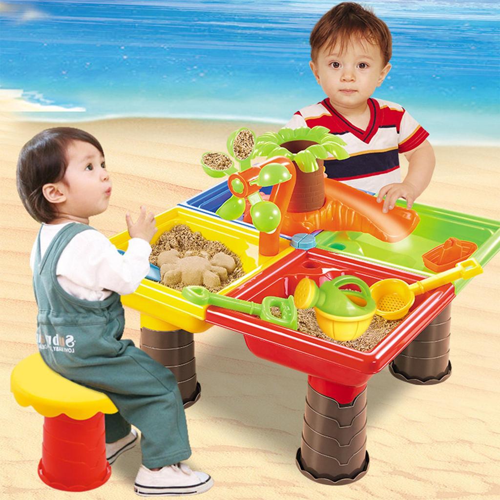 Kids Sand Water Table Play Set, Outdoor/Indoor Sandbox Toy Beach Toys Tools, 4-in-1 Activity Table for Toddlers, Summer Backyard Beach Toy for Kids 3+