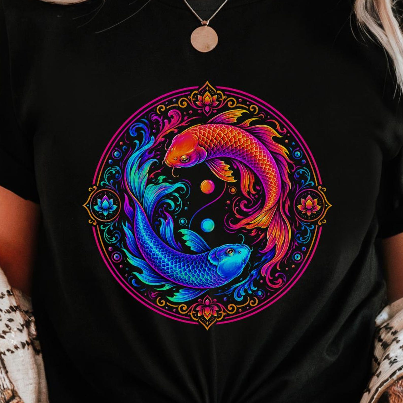 Neon Koi Yin Yang Shirt | Psychedelic Fish Tee, Vibrant Energy Design L