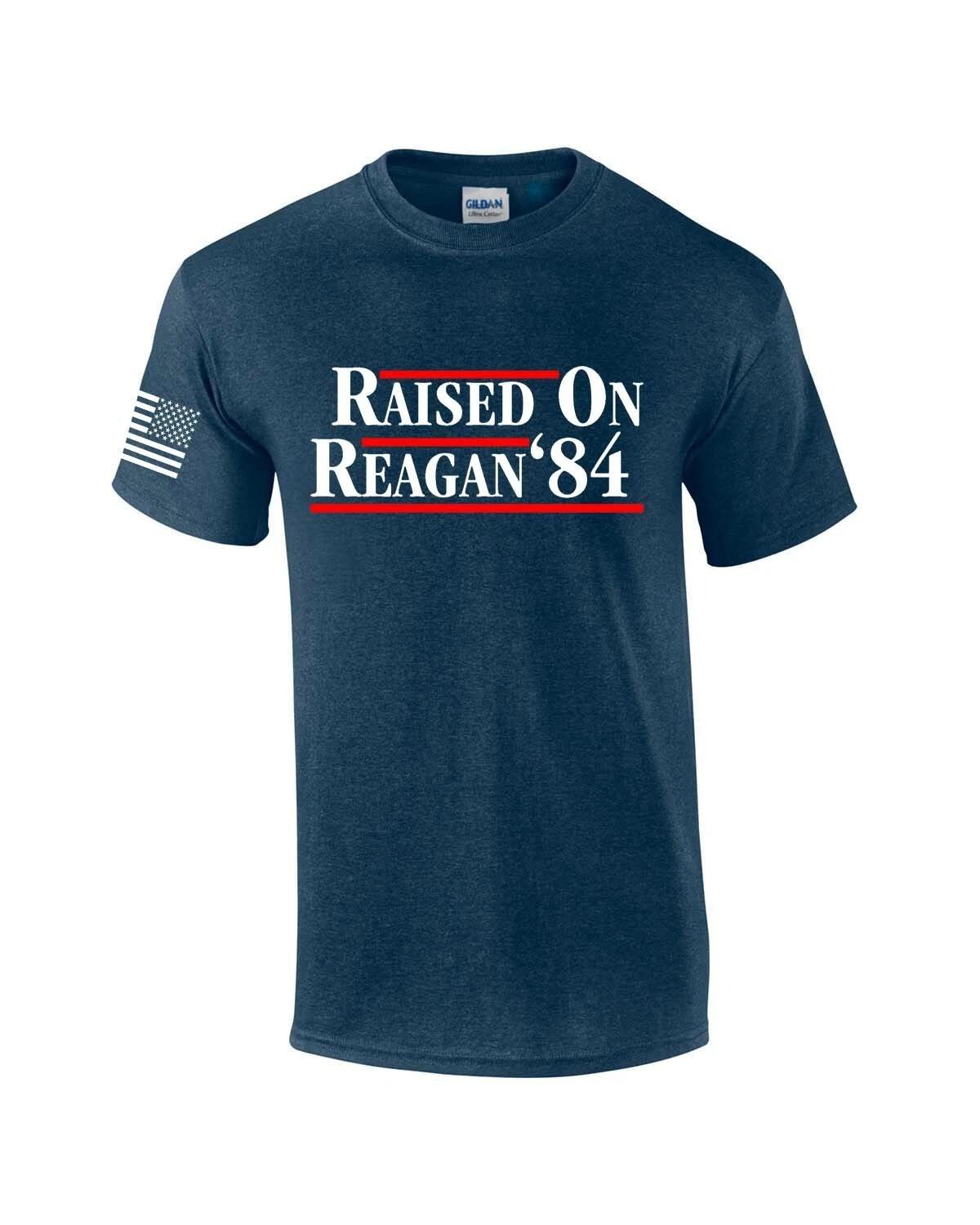 

Reagan Bush 1984 Raised On Reagan Campaign Mens Flag Sleeve T-Shirt M