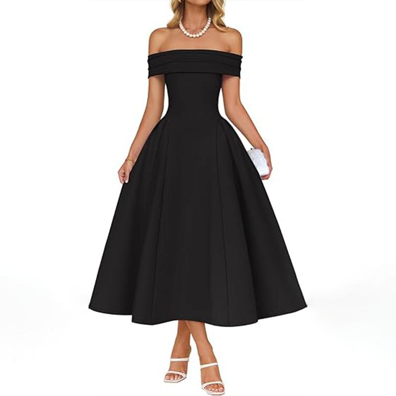 New Warm Season Trendy Women Clothing Elegant Temperament Solid Color Off-shoulder Waist-hugging Fashion Dress