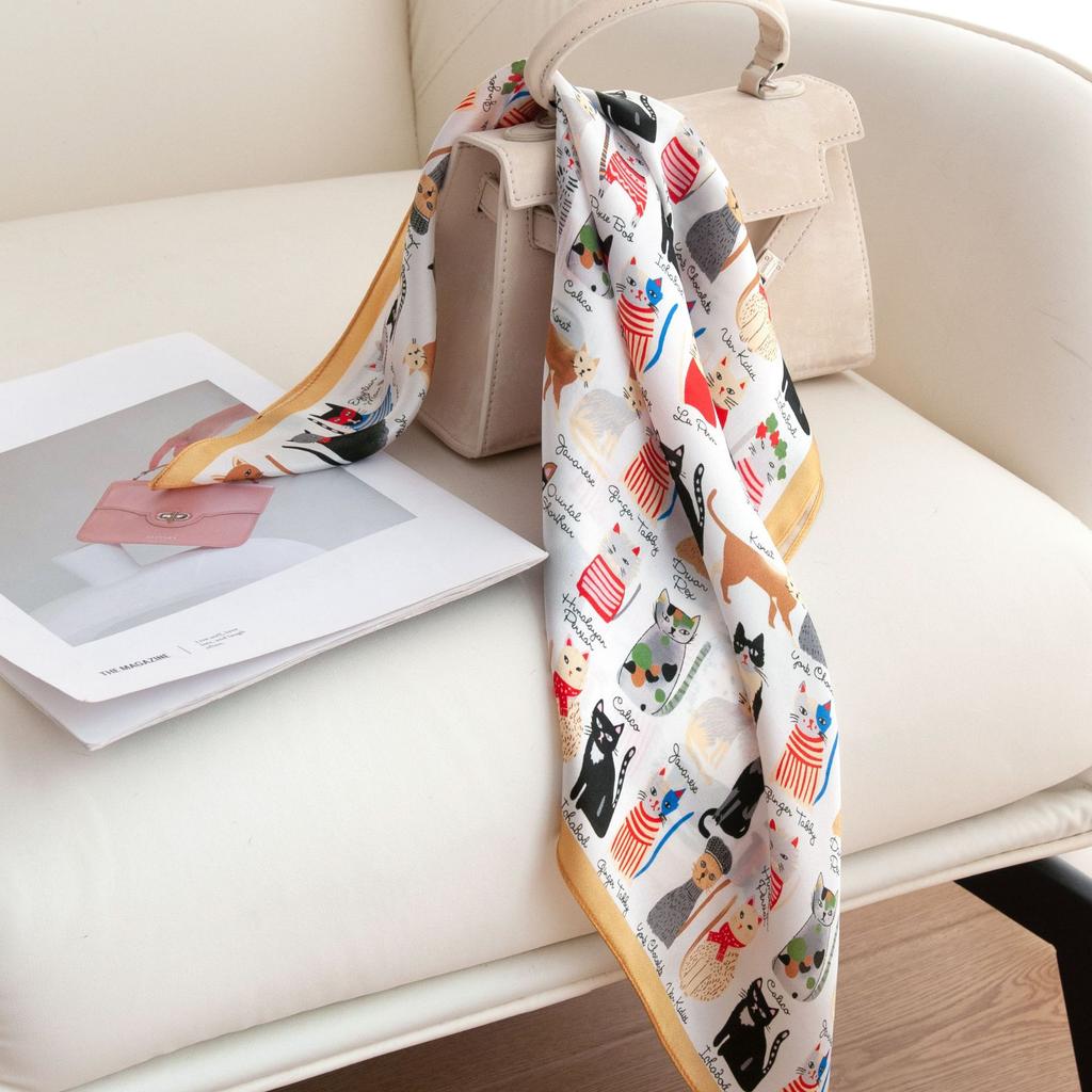Spring 2026 New Mulberry Silk Silk Scarf Silk High-end Cartoon Cat Style Printed Neck Small Square Scarf