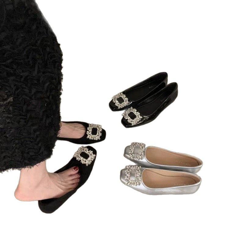 Strass leicht Mund weicher Boden flache Sohle EinzelSchuhe Frühling Französisch hoher Sinn Silber quadratischer Kopf Abendschuhe Damenschuhe