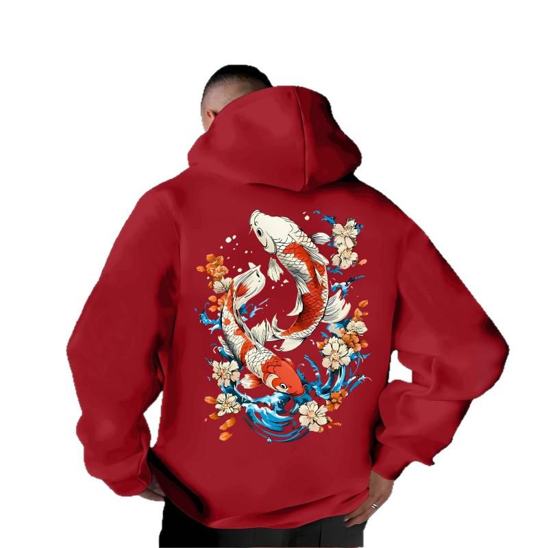 Unisex Oversized Hooded Sweatshirt With Japanese Ukiyo-e Cherry Blossom Koi Fish Print Soft Fleece-Lined Casual Top
