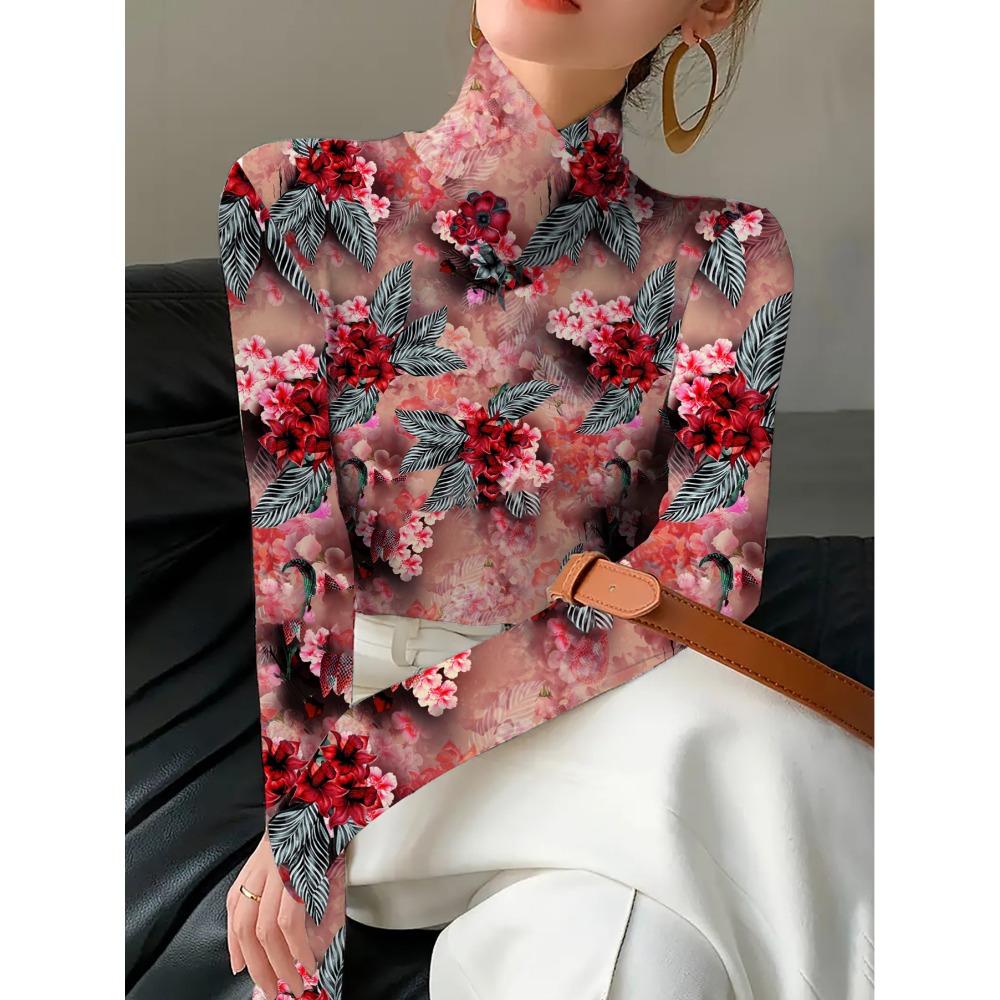 Women's cheongsam collar long-sleeved T-shirt, regular version, three-dimensional red flower design, spring and autumn collection