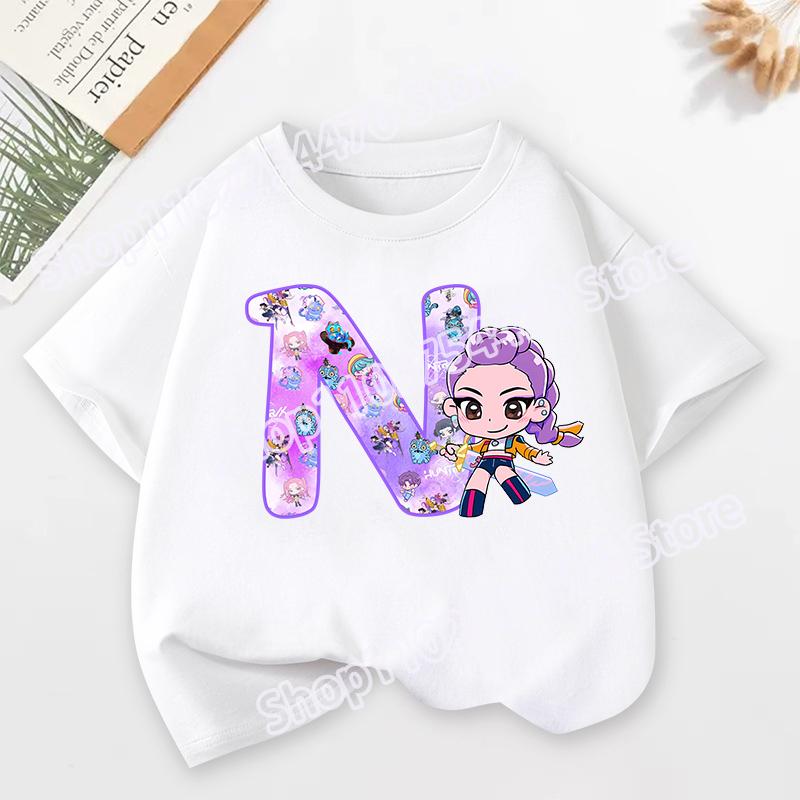 KPop Demon Hunters Child Short Sleeve T-shirt Cartoon Rumi Mira Zoey A-Z Print Cotton Tops Kawaii Summer Casual Tees Kids Gifts