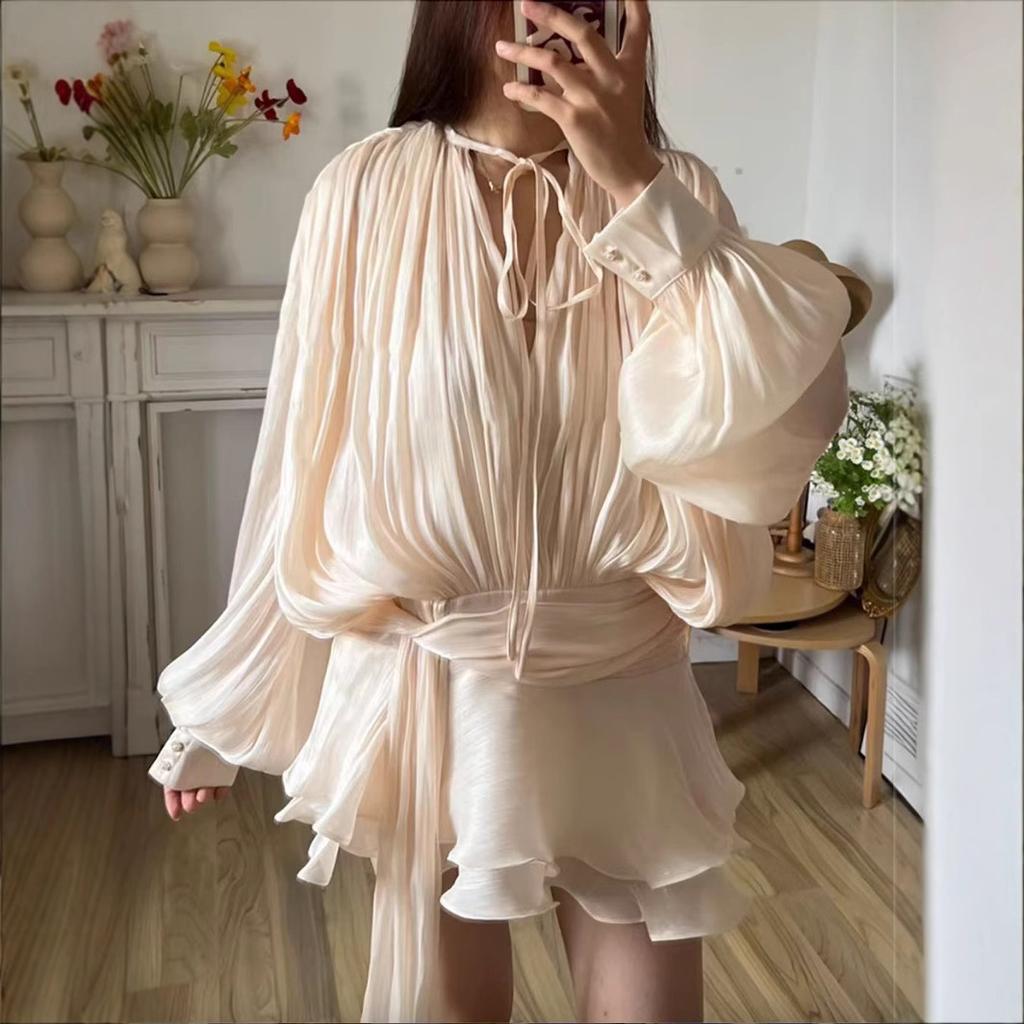 Women's Mini Round Neck Lantern Long-sleeved High-waist Temperament Dress