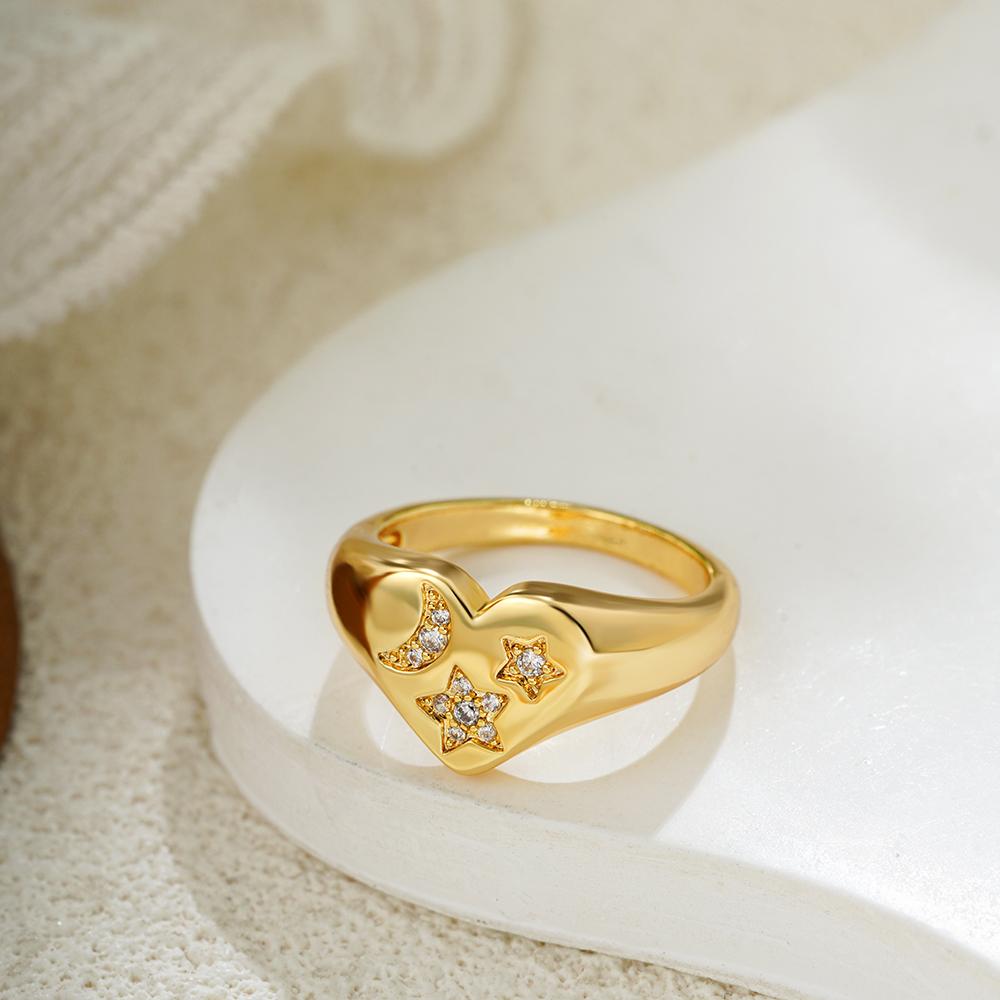 Classic Zircon Inlaid Star Moon Women'S Fashionable Polished Heart-Shaped Ring Exquisite Jewelry New Style