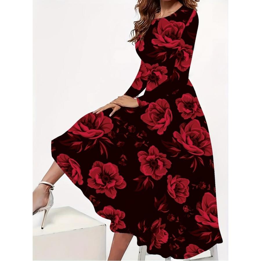 This Year's New Style Elegant Plus Size Floral Print Long Dress for Women - Round Neck, Machine Washable, Opaque - Perfect Choic