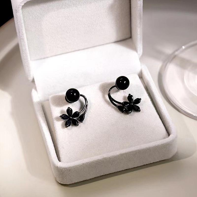Vintage Black Zircon Flower Pearl Stud Earrings For Women Korean Elegant Personality Earrings Wedding Party Jewelry Gift Mujer