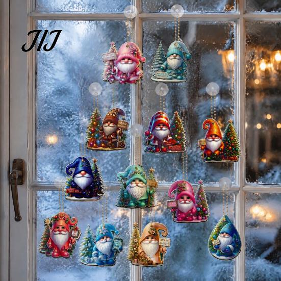Colorful Tree Hanging Ornaments 12Pcs Christmas Gnome Ornaments, 2D Flat Pendants, Acrylic Xmas Festive Home Holiday Supplies Decorations with