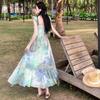 French Dopamine Print Suspender Temperament Dress Women's Summer Fairy Seaside Vacation Ruffled Floral Long Dress