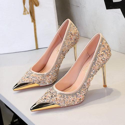 Fashion Stiletto Heels Metal Pointed Toe Shallow Cut Slip On Crystal Rhinestone Women Shoes
