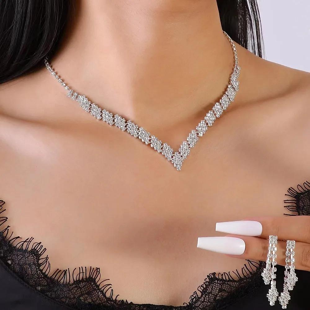 2-delige Set Luxe Vol Zirkonia Glanzende Ruit Kristal Ketting Oorbellen Sieraden Sets voor Vrouwen Bruiloft Bruid Banket Klassiek Cadeau