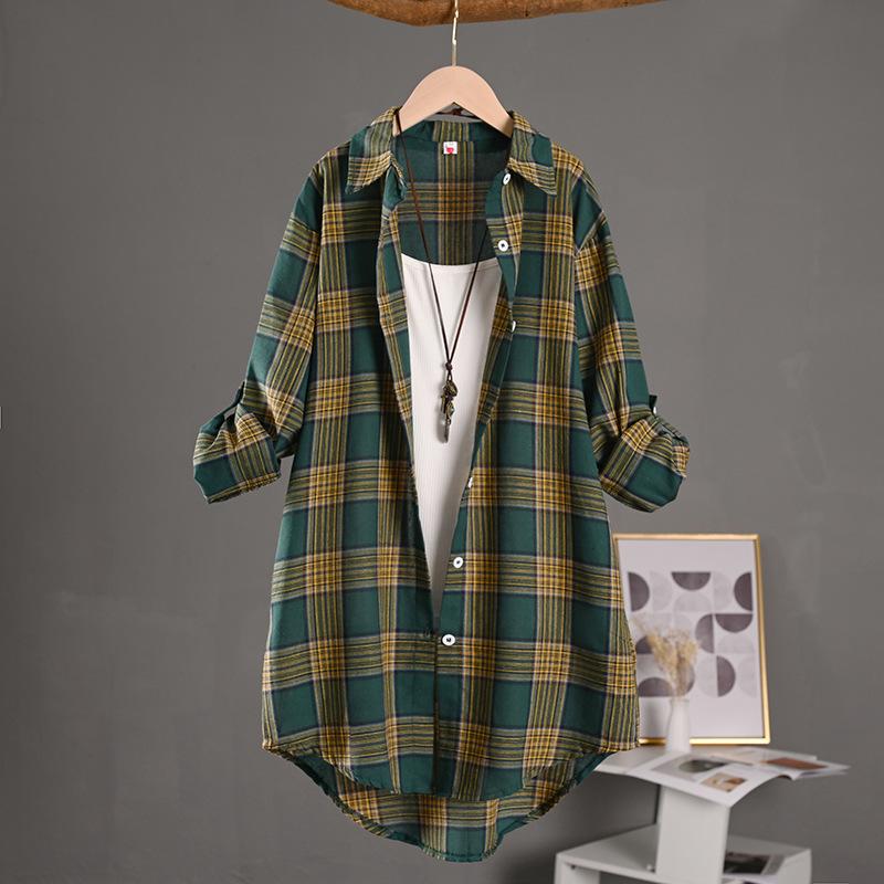 Women's Linen Plaid Shirt Mid-length Outer Wear Sun Protection Spring and Summer Loose Thin