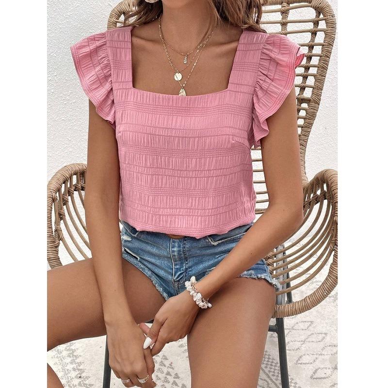 Spring and Summer New Square Neck Ruffled Women Shirt Tops Elegant Slim Fit Solid Flying Sleeve Blouse Women Loose Casual Shirts Female Clothing 26486