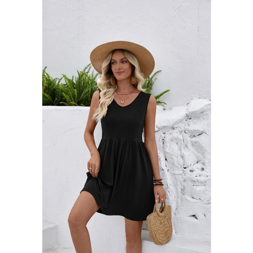 women s Casual V Neck Sleeveless A-Line Tank Dress with Ruched Waist for Summer Beach S чёрный