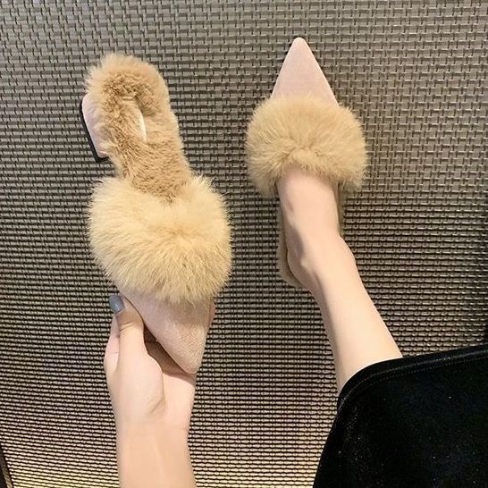 Daily cotton slippers one pedal pointed sweet Japanese season fluffy soft bottom bag head half slippers