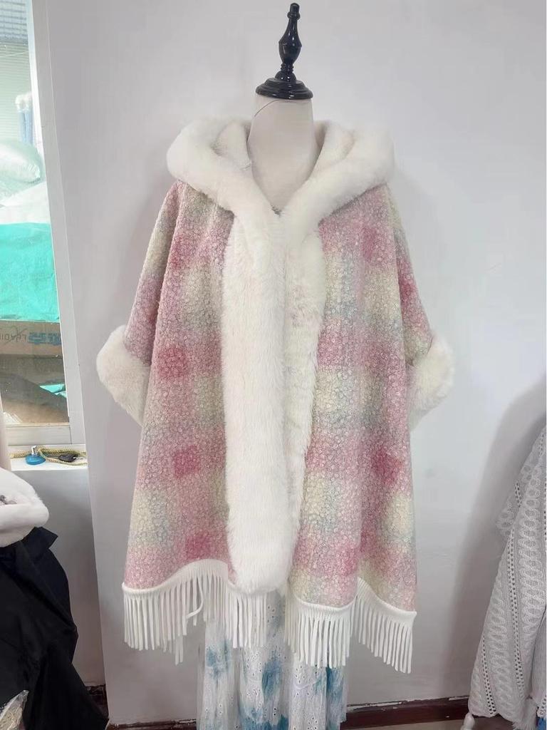 Women's Autumn/Winter Hooded Cape with Chinese Frog Button and Rabbit Fur Shawl, Plus Velvet Woolen Coat.