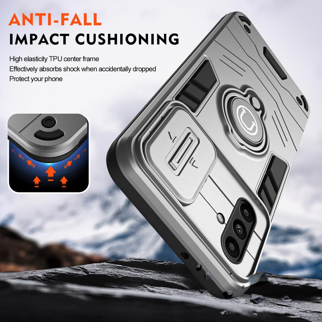 For Samsung Galaxy A14 5G/4G Case PC+TPU Ring Kickstand Phone Cover with Slide Lens Lid