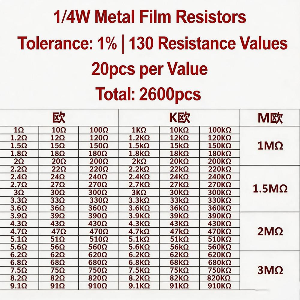 2600pcs Metal Film Resistors Assorted Pack 130 Values 1/4W 0.25W 1% Fixed Resistor Kit Set for Electronics DIY Projects