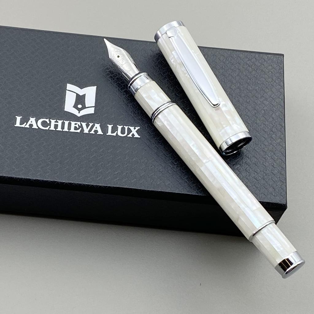 LACHIEVA LUX Mother of Pearl Fountain Pen with German Fine Luxury Pen Gift Set for Men and Women Nib. (pearl White)