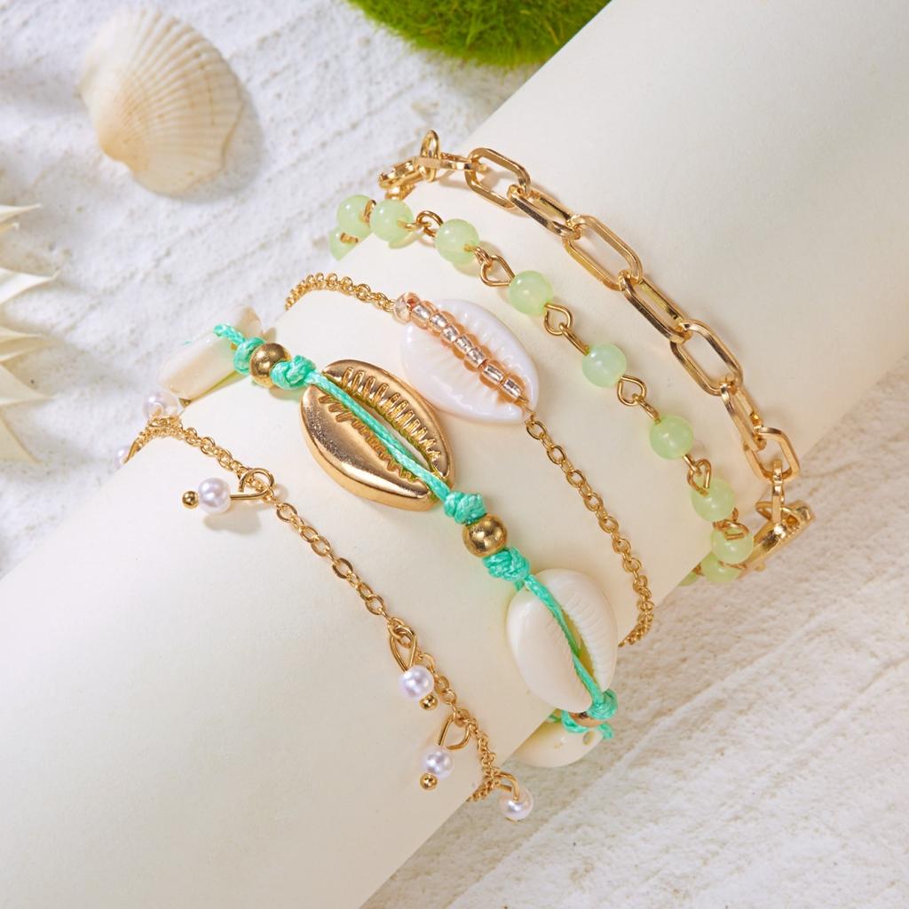 Vacation Style Metal Shell Crystal Beads Stackable Bracelets Set For Women Men Multilayer Bohemian Beach Bangle Summer Jewelry