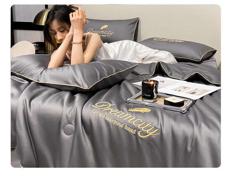 Embroidered Ice Silk Summer Quilt Set: Cool, Luxurious 3-Piece or 4-Piece with Pillowcase for Dorms.
