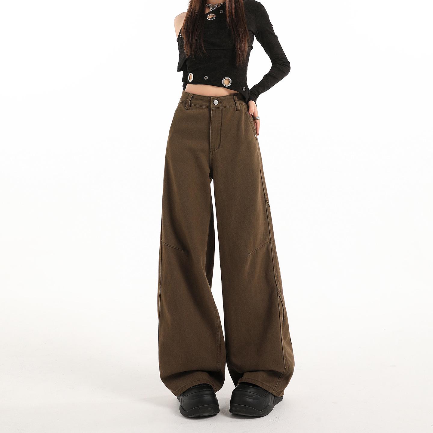 American Retro 2026 High-Waisted Wide-Leg Brown Jeans for Women M