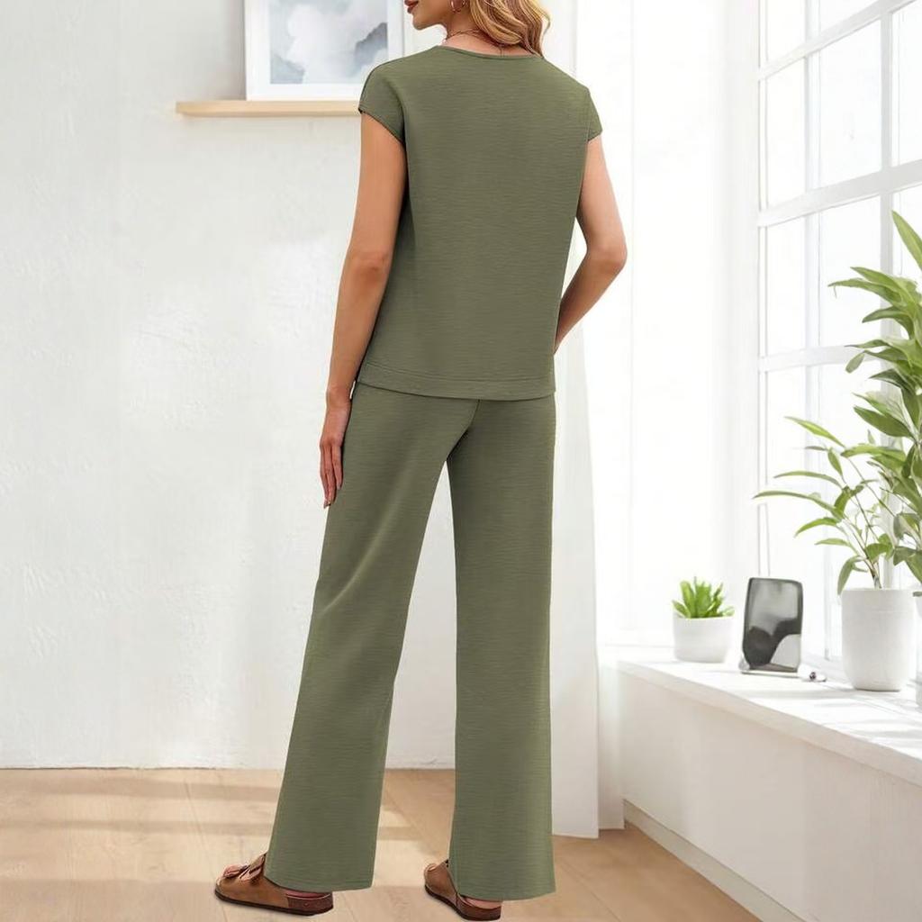 Fashionable Women's Loose V-neck Short Sleeved Top, Loose Casual Wide Leg Pants Set