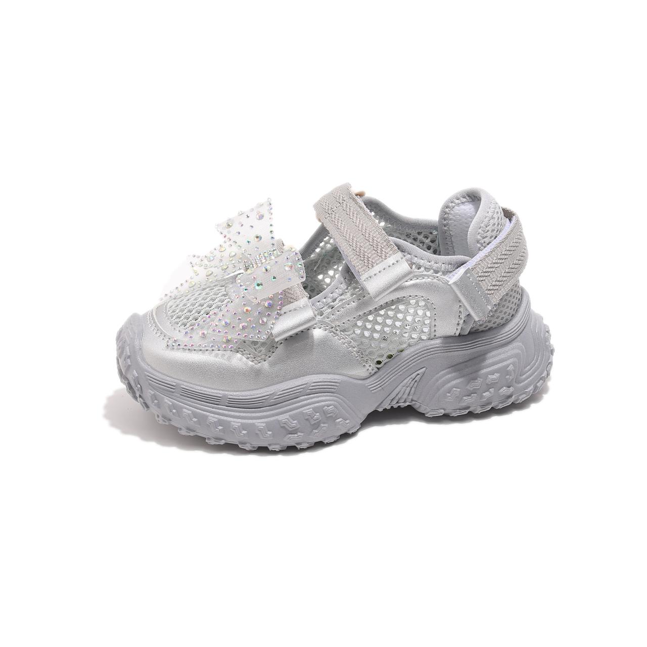 

Kids Princess Shoes Casual Mesh Breathable Girls Sports Sandals Shiny Lace Bow Summer Children Running Shoes Non-slip Trend 29 серебряный