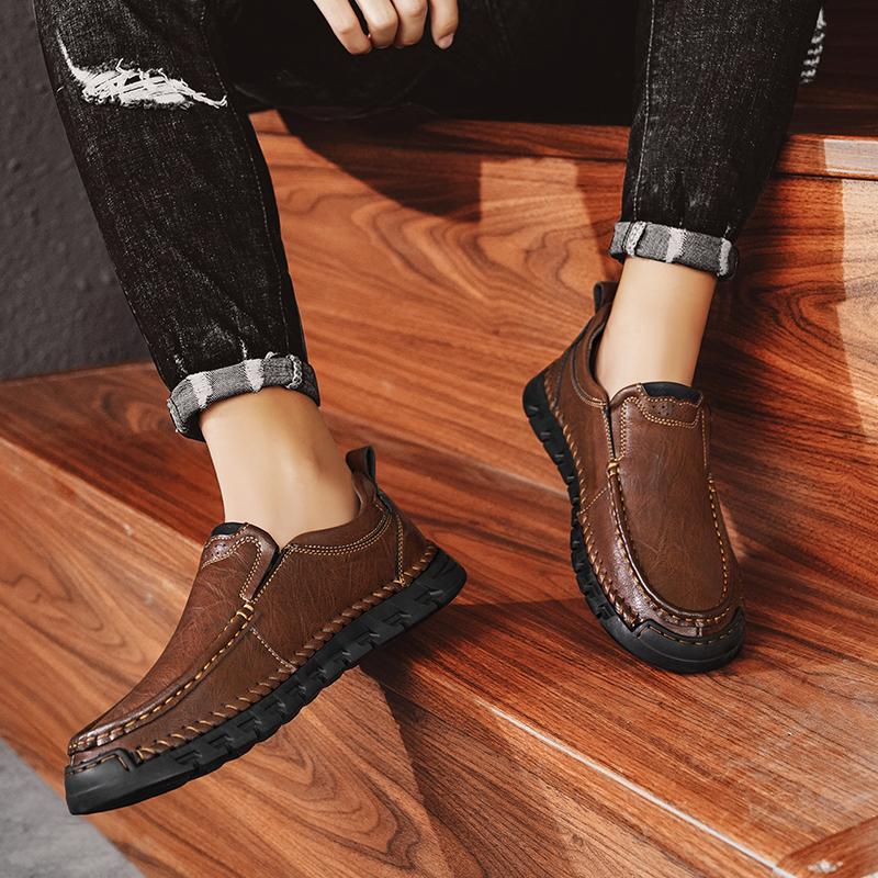 Fashion Handmade Male Slip on Flats New Breathable Loafers Genuine Leather Walking Shoes Fashion Comfortable Men's Casual Dress Shoes