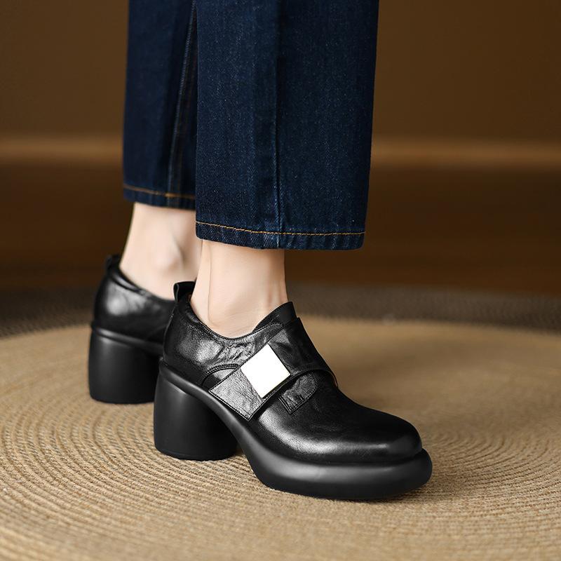 7CM Spring New Round Head Thick-soled Leather Single Shoes~ 2025 Waterproof Table Metal Buckle Deep Mouth Single Shoes High Heels