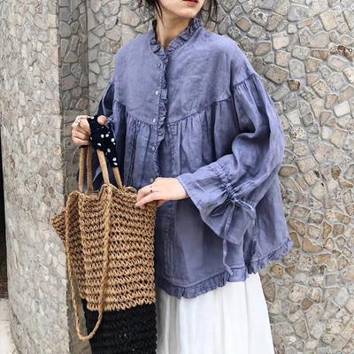 Japanese Ear Loose Balloon Sleeve Shirts Women Retro Autumn Casual Solid Color Loose Irregular Blouses