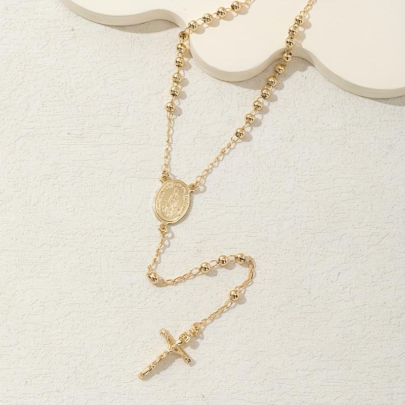 14K Gold Plated Rosary Necklace, Virgin Mary Medal Cross Pendant Beaded Chain Unisex Jewelry