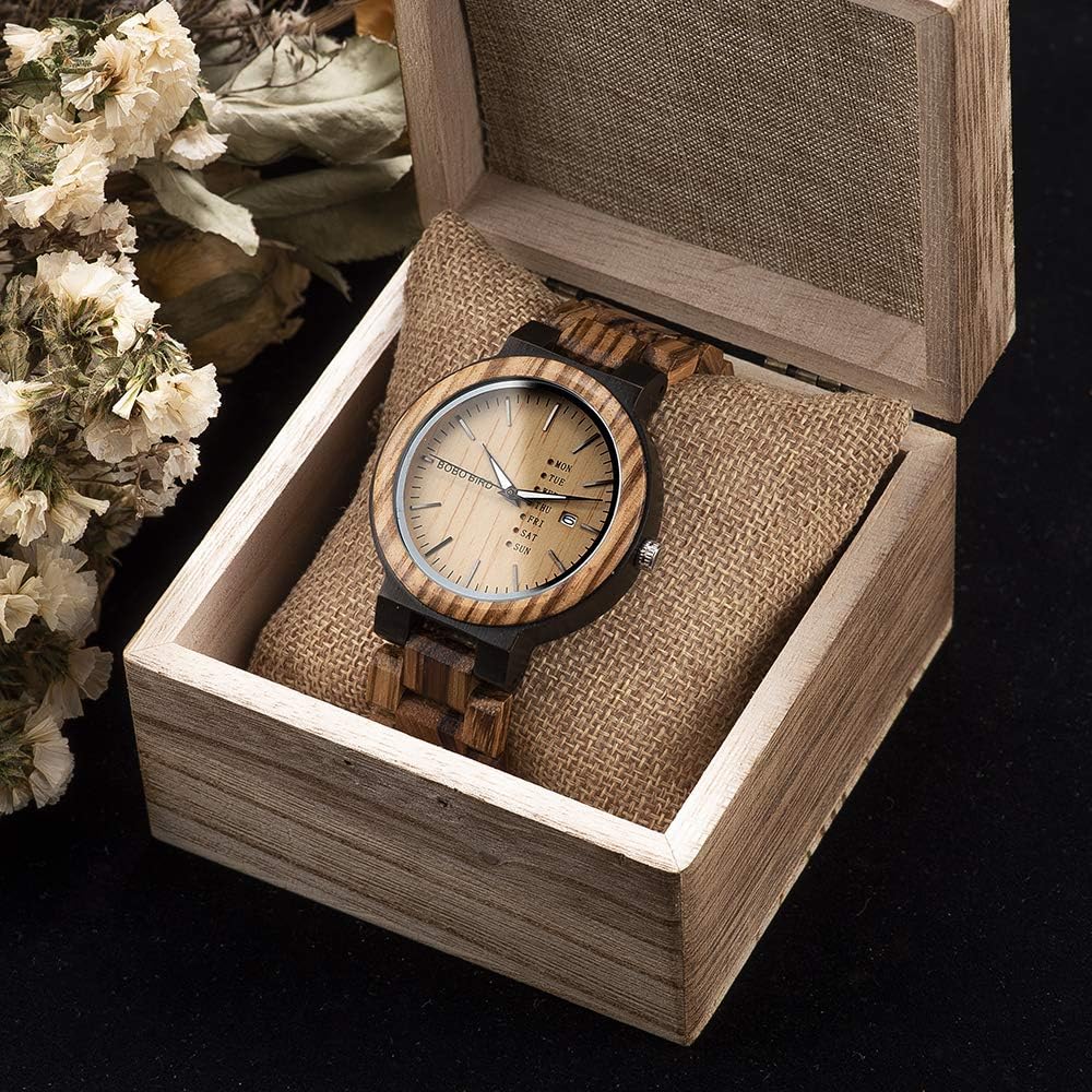 Bobo Bird Men's Wooden Watch Analog Quartz Date Display Lightweight Brown