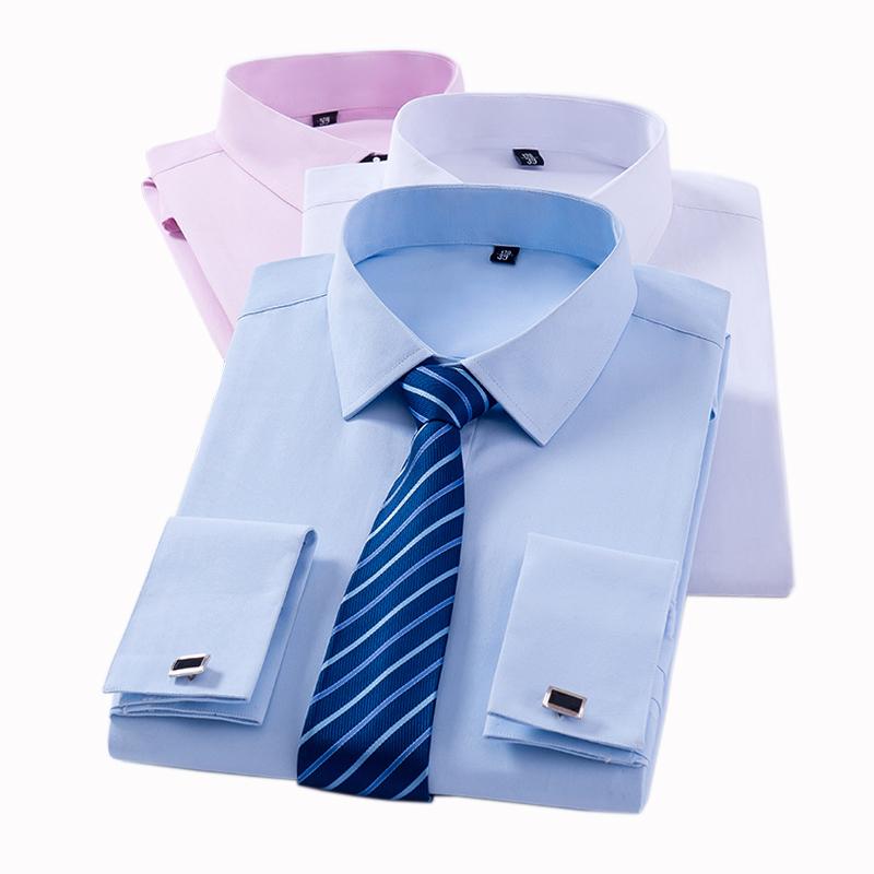 Men's Classic French Cuff Dress Shirt Covered Placket Long Sleeve Tuxedo Male Shirts with Cufflinks No Pocket Office Work White